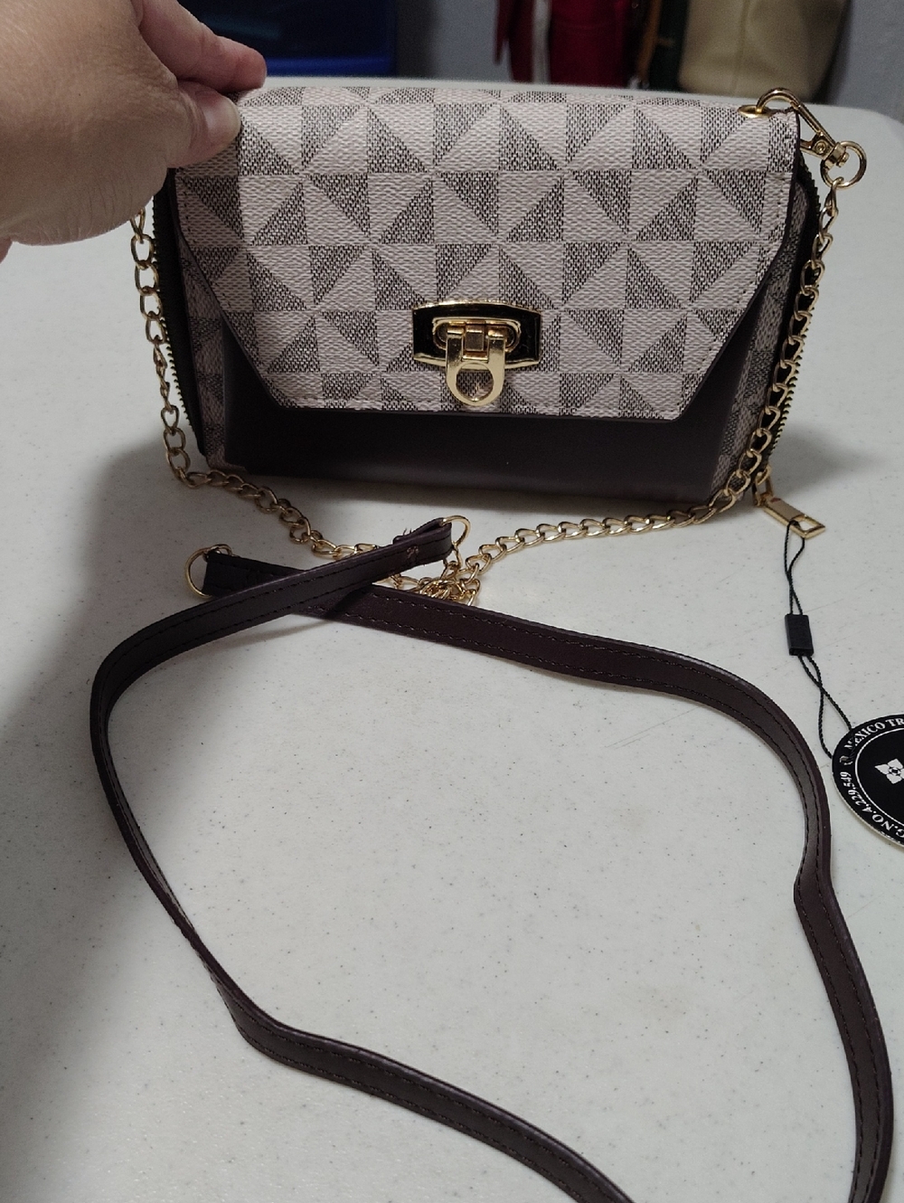 Brand New  Geometric Pattern Very Long Crossbody Bag in Beige and Brown